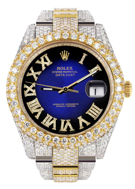 Diamond Iced Out Rolex Datejust 41 | 25 Carats Of Diamonds | Custom Blue Black Roman Numeral Diamond Dial | Two Tone | Two Row | Oyster Band