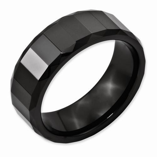 Ceramic Black Faceted 8mm Polished Beveled Edge Band