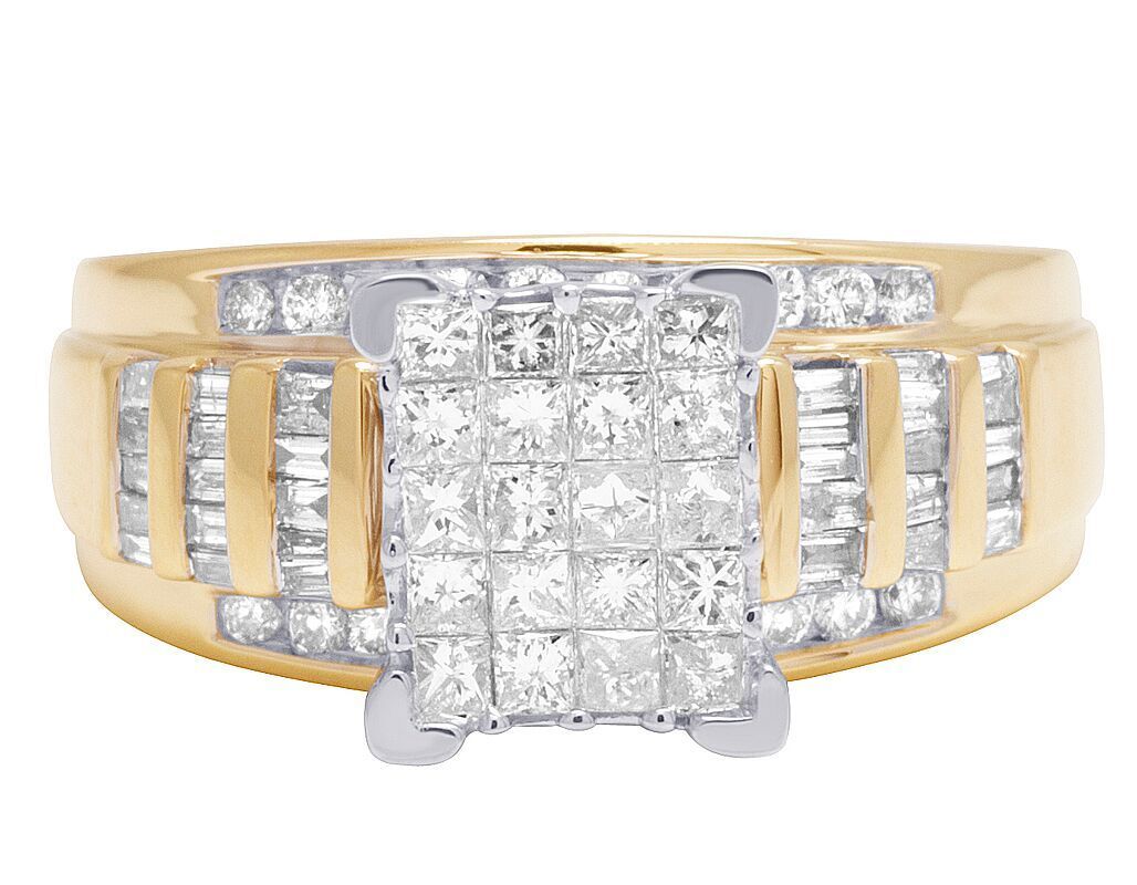 10K Yellow Gold 1 Carat Princess and Baguette Diamond Engagement ring 10mm