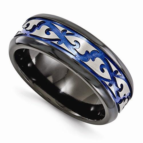 Edward Mirell Black Ti Scroll Pattern Blue Anodized Ring - 9mm - AydinsJewelry