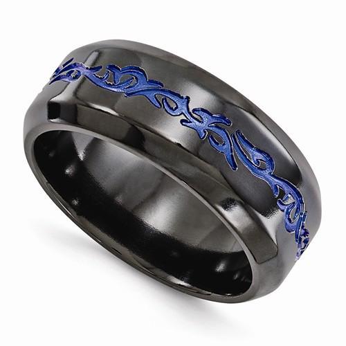 Edward Mirell Black Ti Patterned Blue Anodized Polished Ring - 9mm - AydinsJewelry