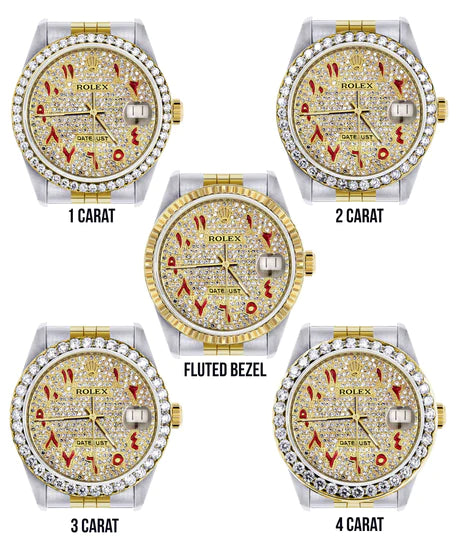 Womens Gold Rolex Watch 16233 | 36Mm | Custom Red Arabic Full Diamond Dial | Jubilee Band