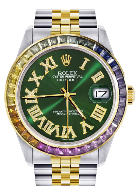 Diamond Gold Rolex Watch For Men 16233 | 36Mm | Rainbow Sapphire Bezel | Diamond Green Roman Numeral Dial | Jubilee Band