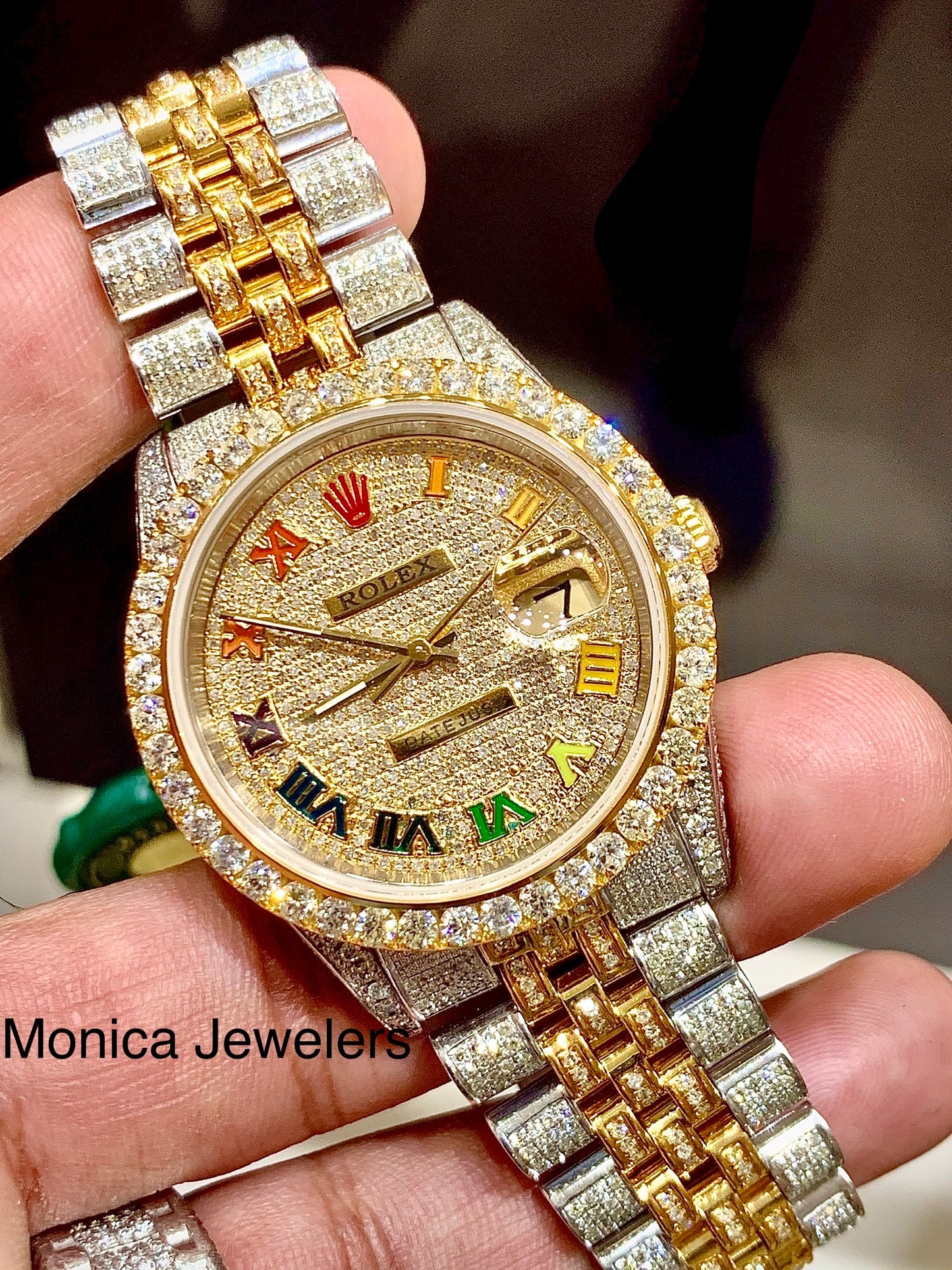 Rolex  36mm iced out Yellow gold/ Stainless steel Jubilee with Iced out Rainbow Roman Numeral Diamond dial