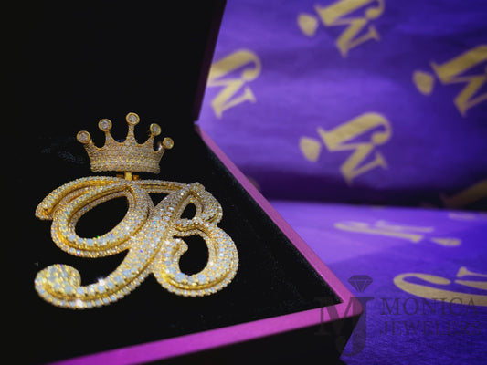 10k Yellow Gold diamond B initial pendant with crown