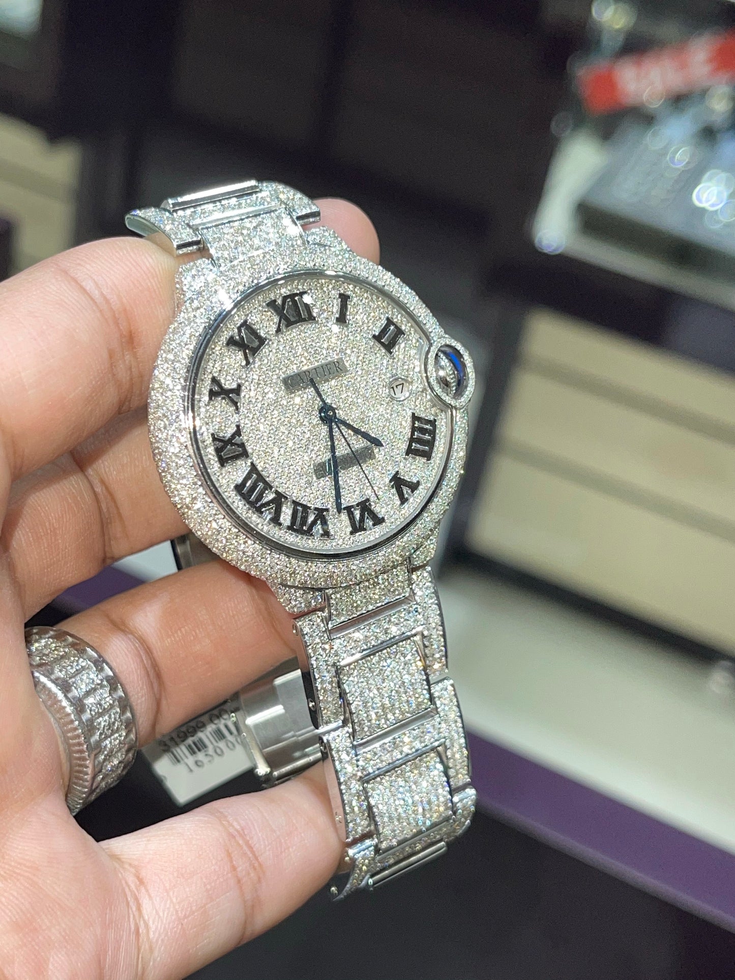 Stainless Steel Cartier 42mm Ballon Bleu De Automatic Watch Fully Iced out