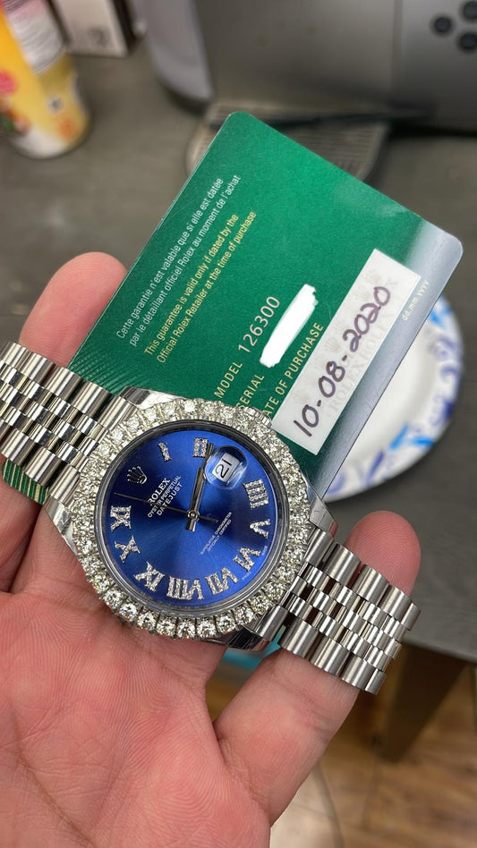 Rolex Datejust 41 Blue Roman diamond Dial 4.50ctw Diamond bezel Jubilee Bracelet Men's Watch 126300