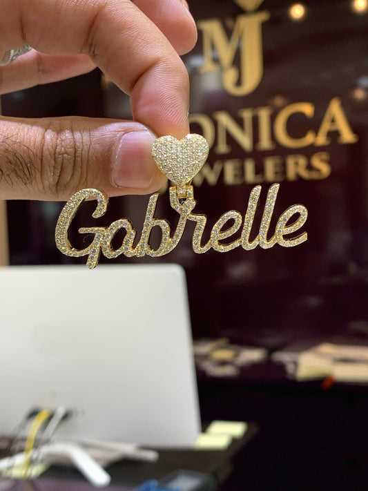 10k Yellow Gold diamond custom Diamond name plate with Heart Bail