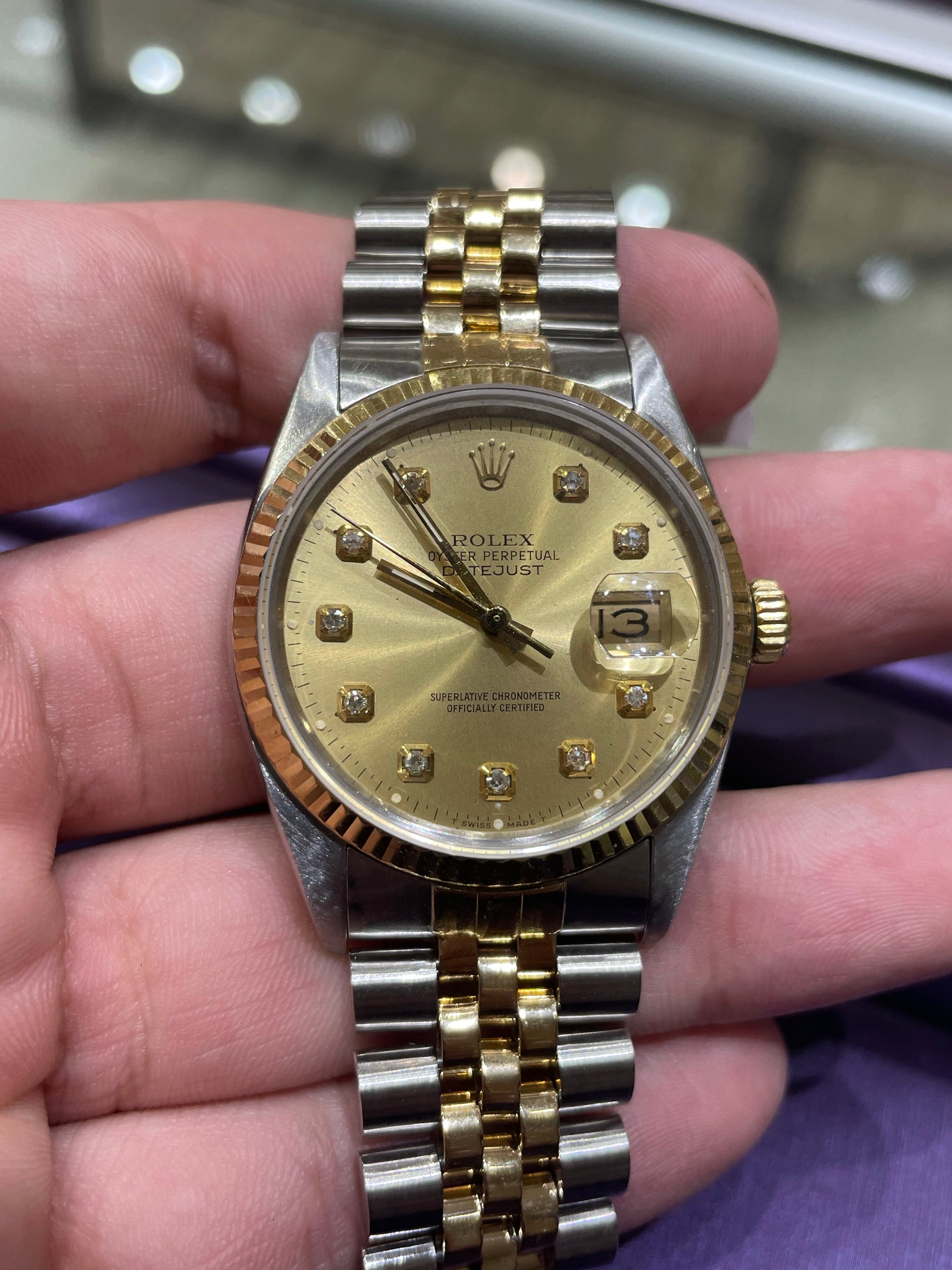 Rolex Datejust 18k/SS 16013 with diamond dial – Monica Jewelers