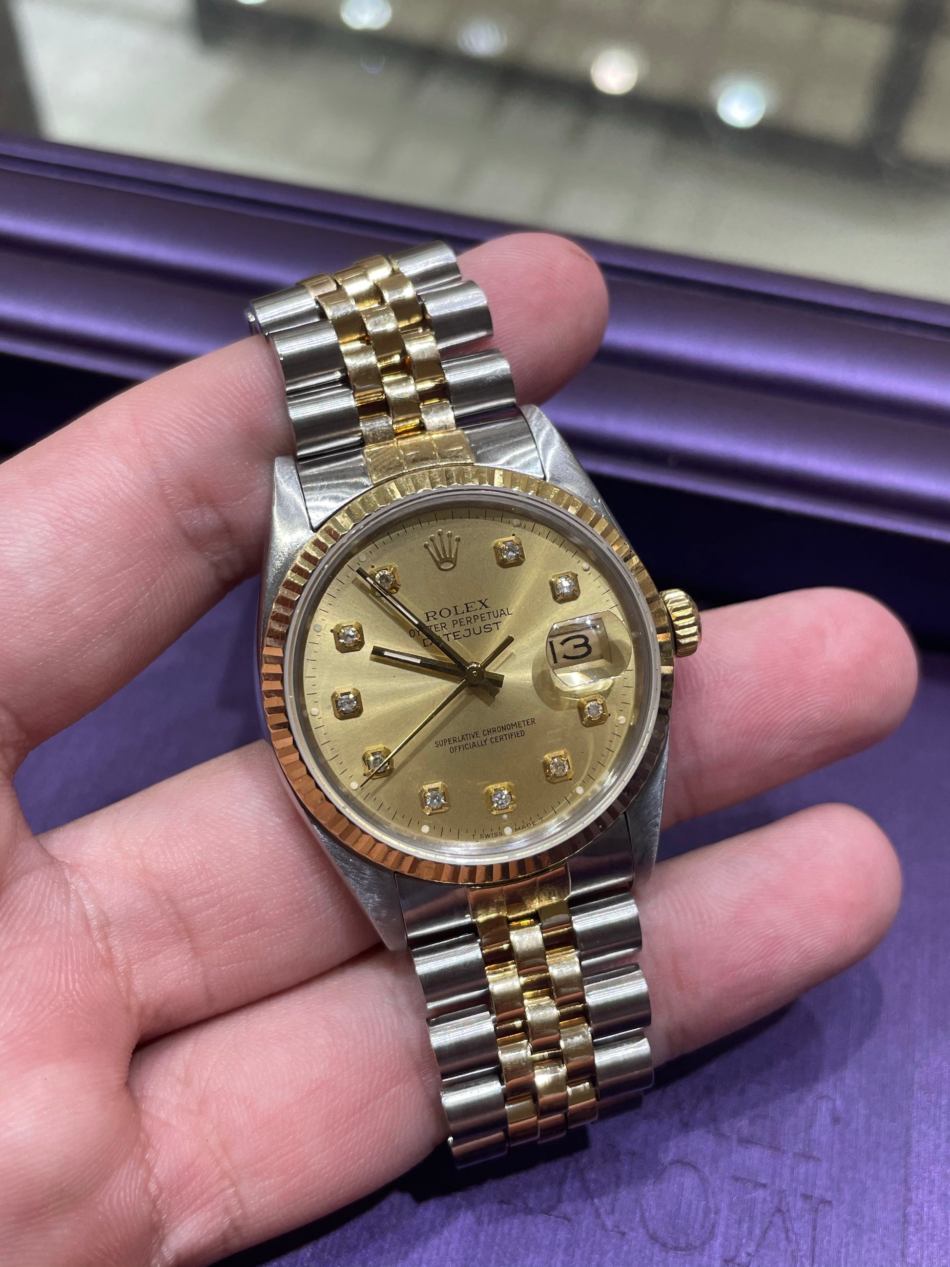 Rolex Datejust 18k/SS 16013 with diamond dial – Monica Jewelers