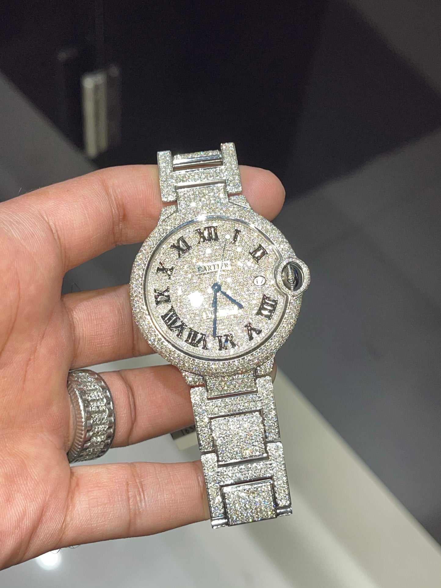 Stainless Steel Cartier 42mm Ballon Bleu De Automatic Watch Fully Iced out