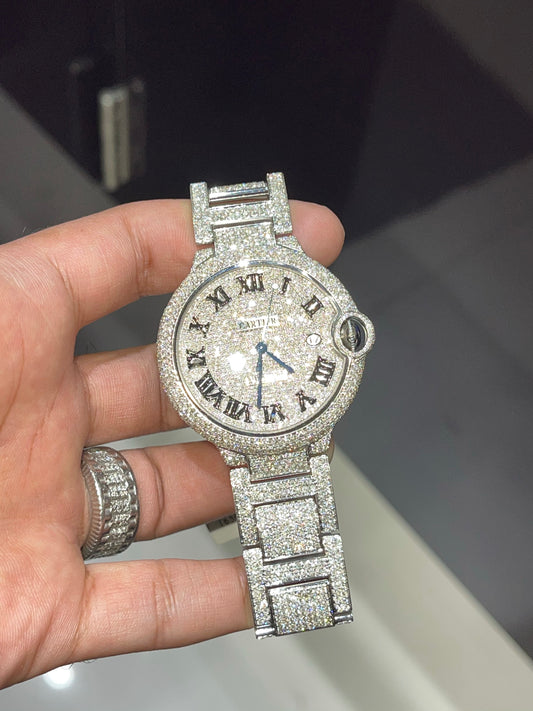 Stainless Steel Cartier 42mm Ballon Bleu De Automatic Watch Fully Iced out