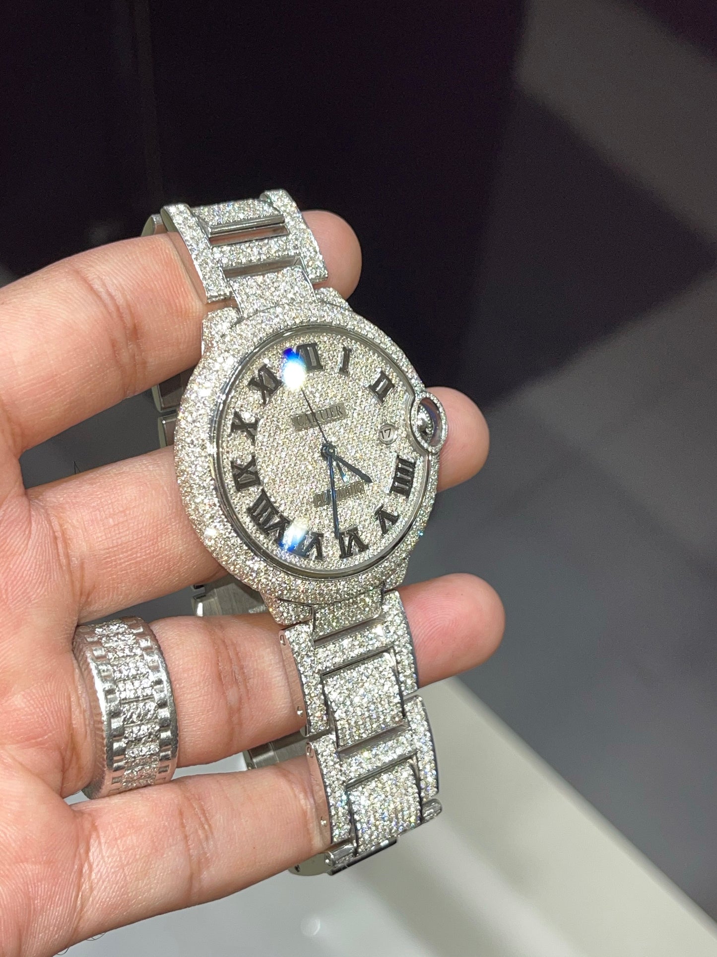 Stainless Steel Cartier 42mm Ballon Bleu De Automatic Watch Fully Iced out