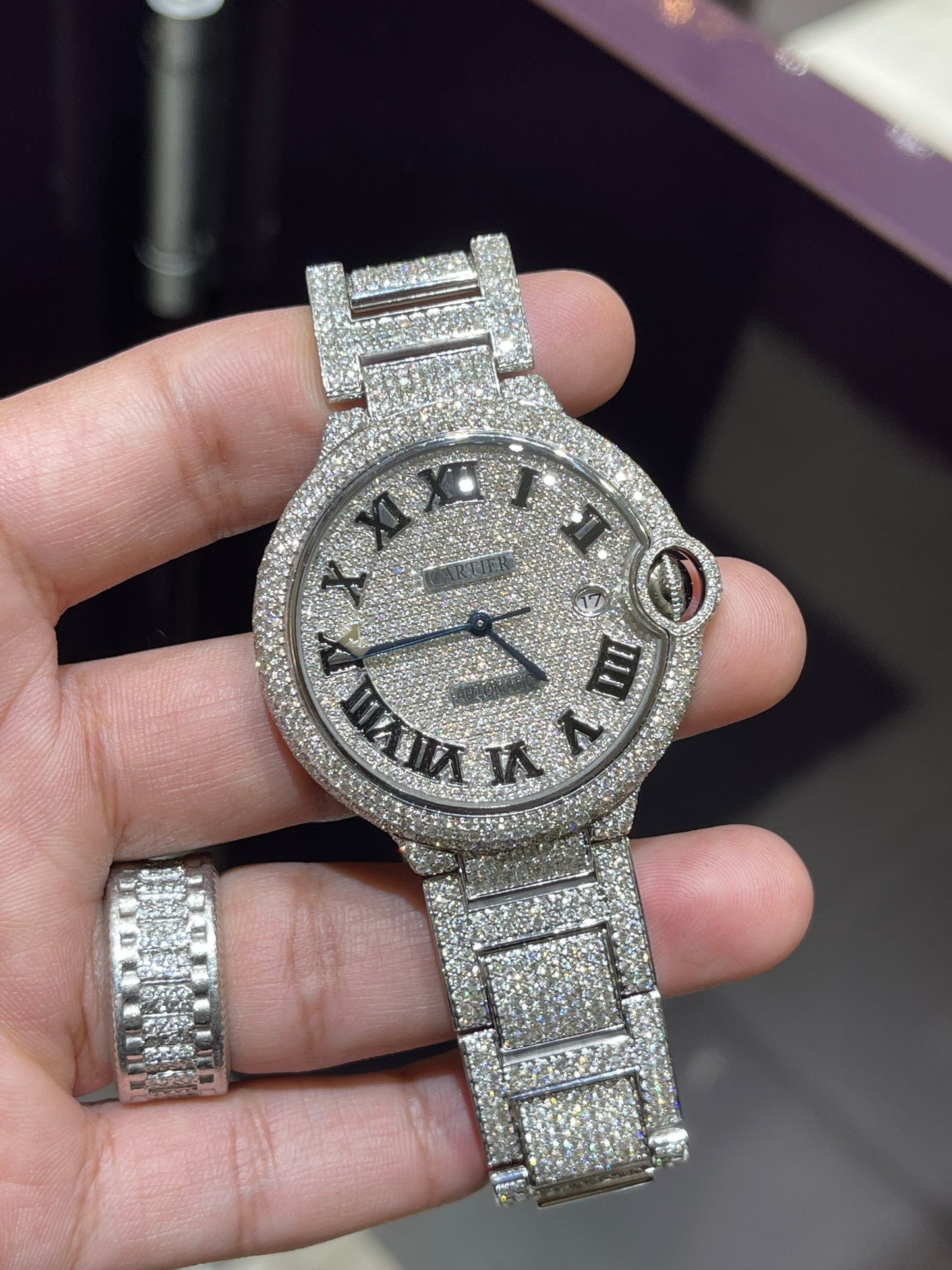 Stainless Steel Cartier 42mm Ballon Bleu De Automatic Watch Fully Iced out