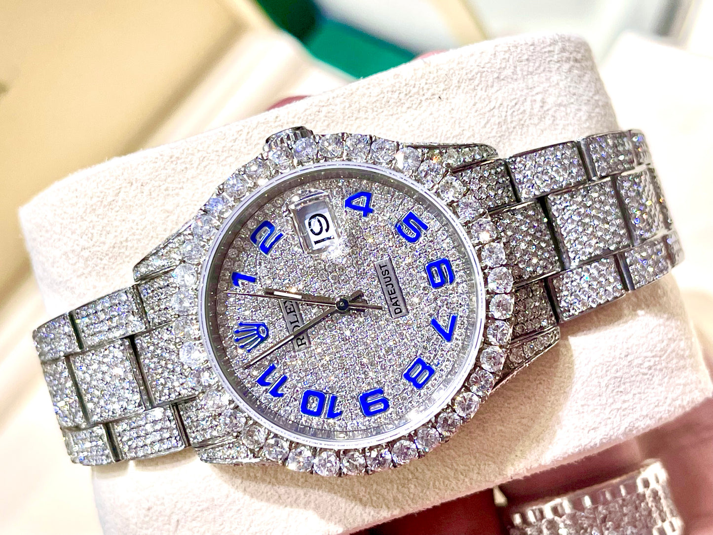 Rolex Stainless Blue Arabic numeral iced out wa – Monica Jewelers