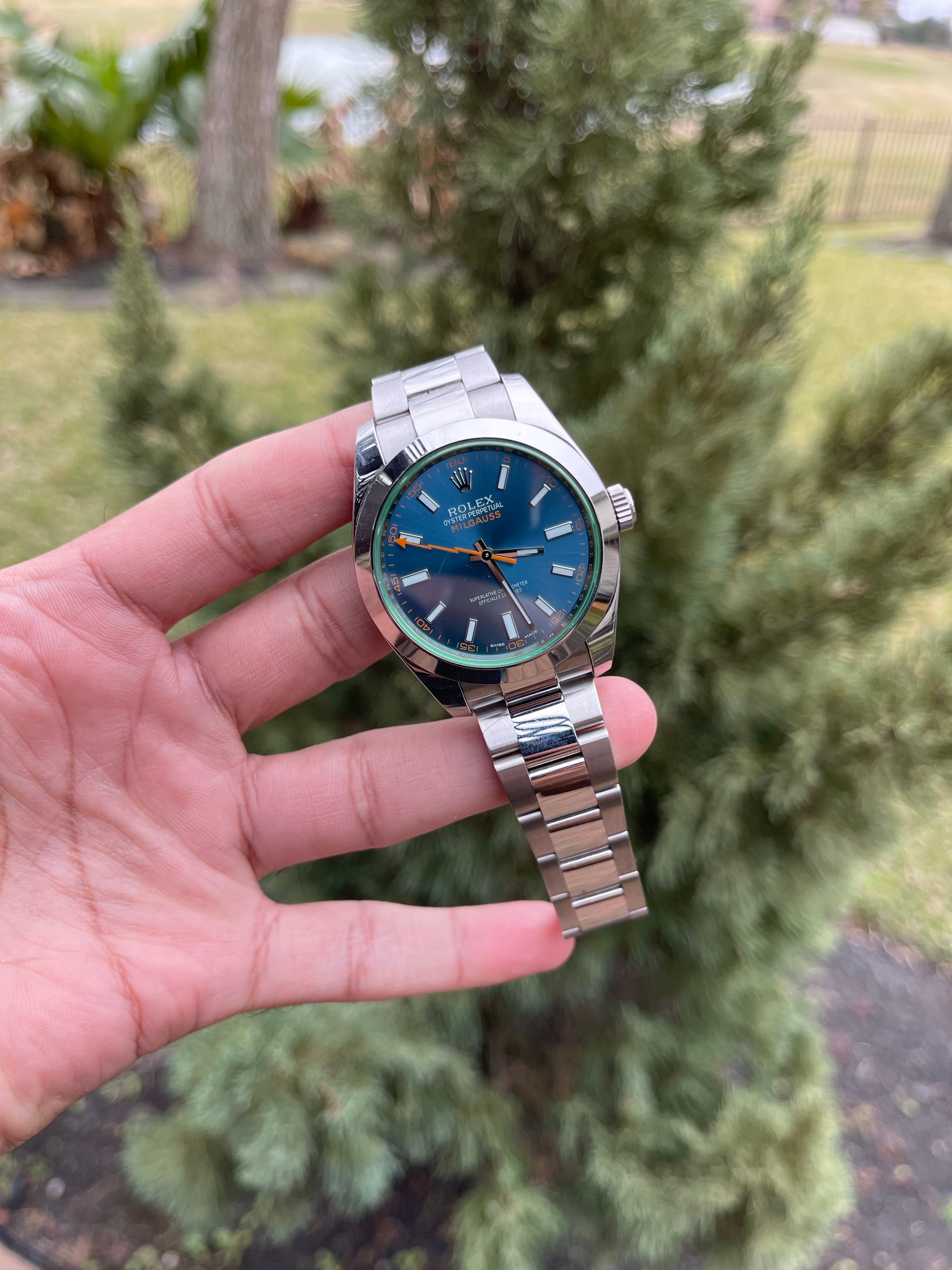 Rolex 116400GV Stainless Steel Milgauss Blue 40mm with green