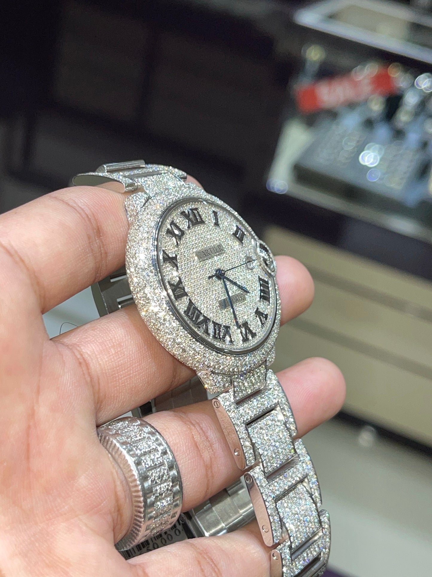 Stainless Steel Cartier 42mm Ballon Bleu De Automatic Watch Fully Iced out