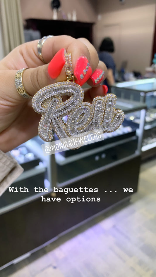 10k yellow Gold 4 Letter Diamond Pendant with round/baguette diamonds