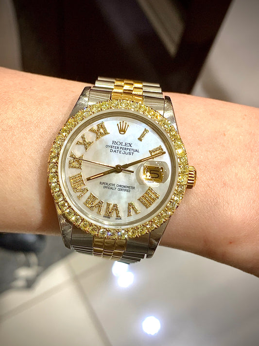 16013 18k/Stainless steel Jubilee with White mother of pearl Roman Numeral Diamond dial 3ctw