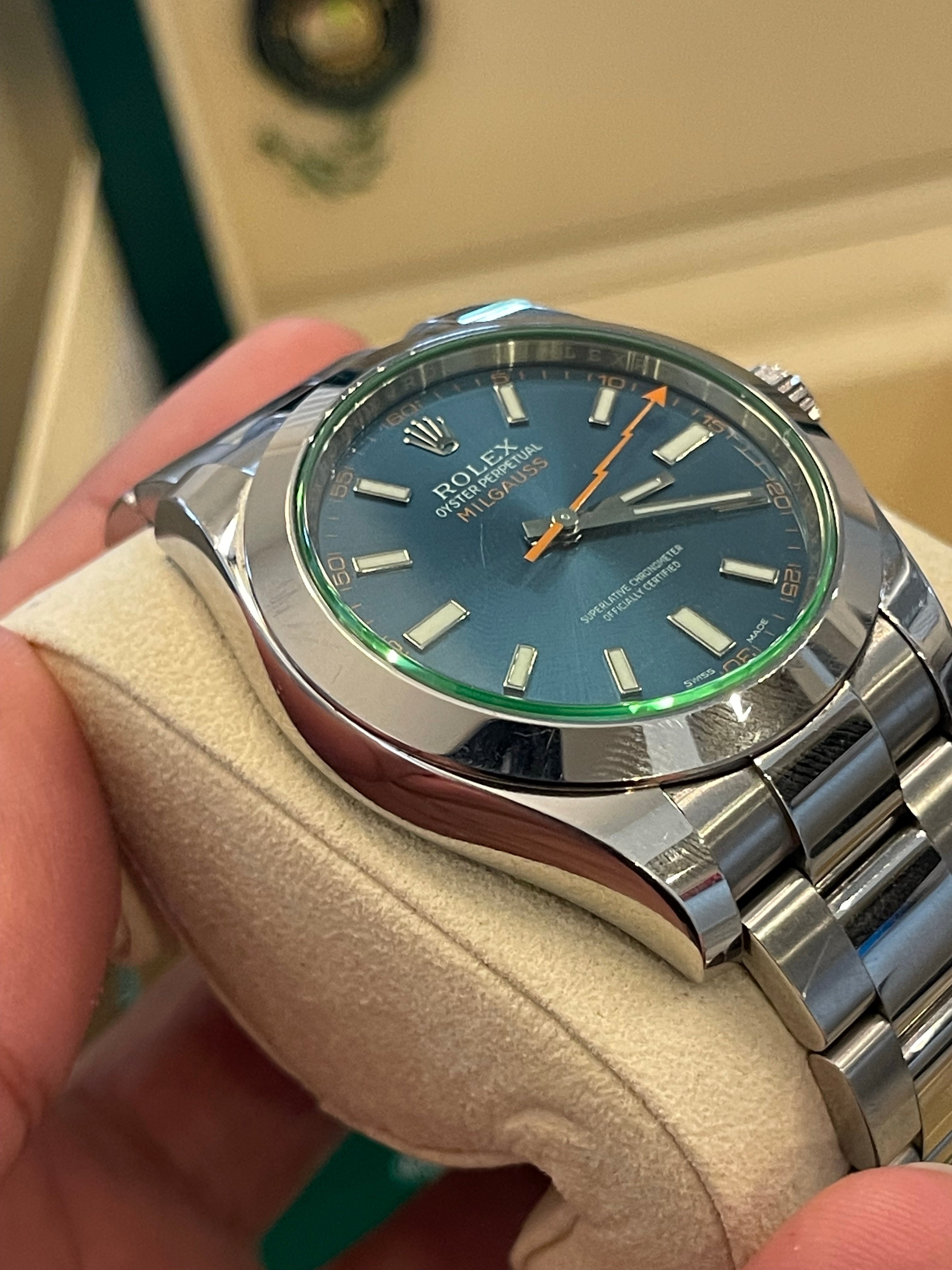 Rolex 116400GV Stainless Steel Milgauss Blue 40mm with green crystal