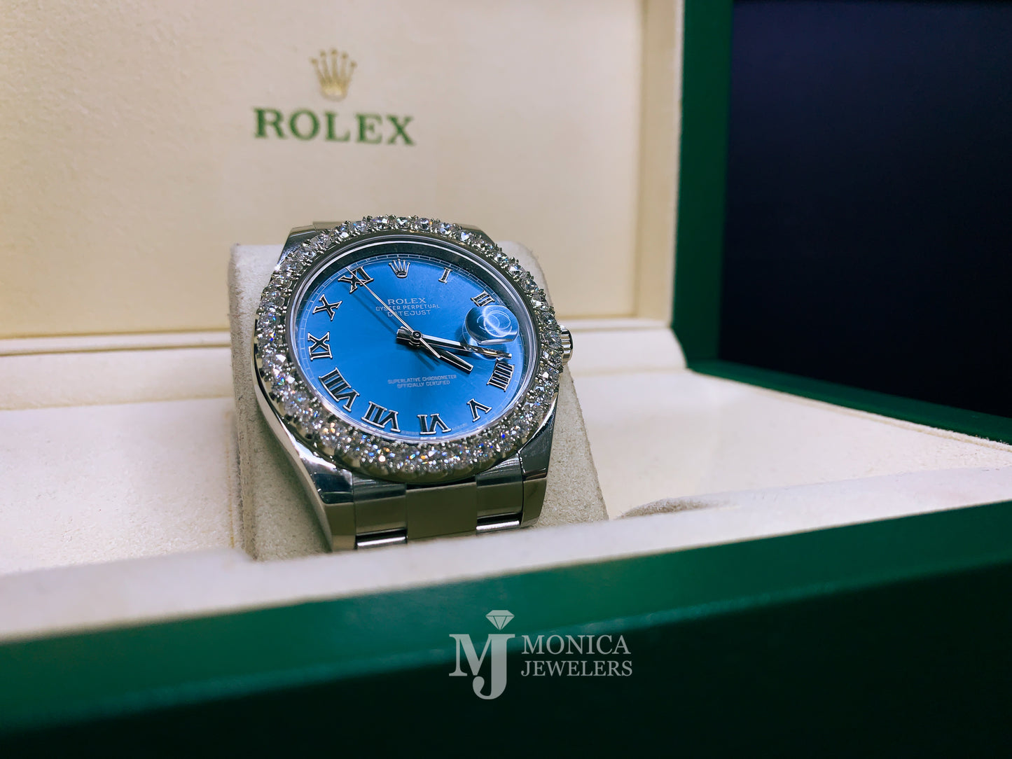 Rolex Datejust 41mm 4 carat bezel SS Azzurro Blue Roman Dial 116300
