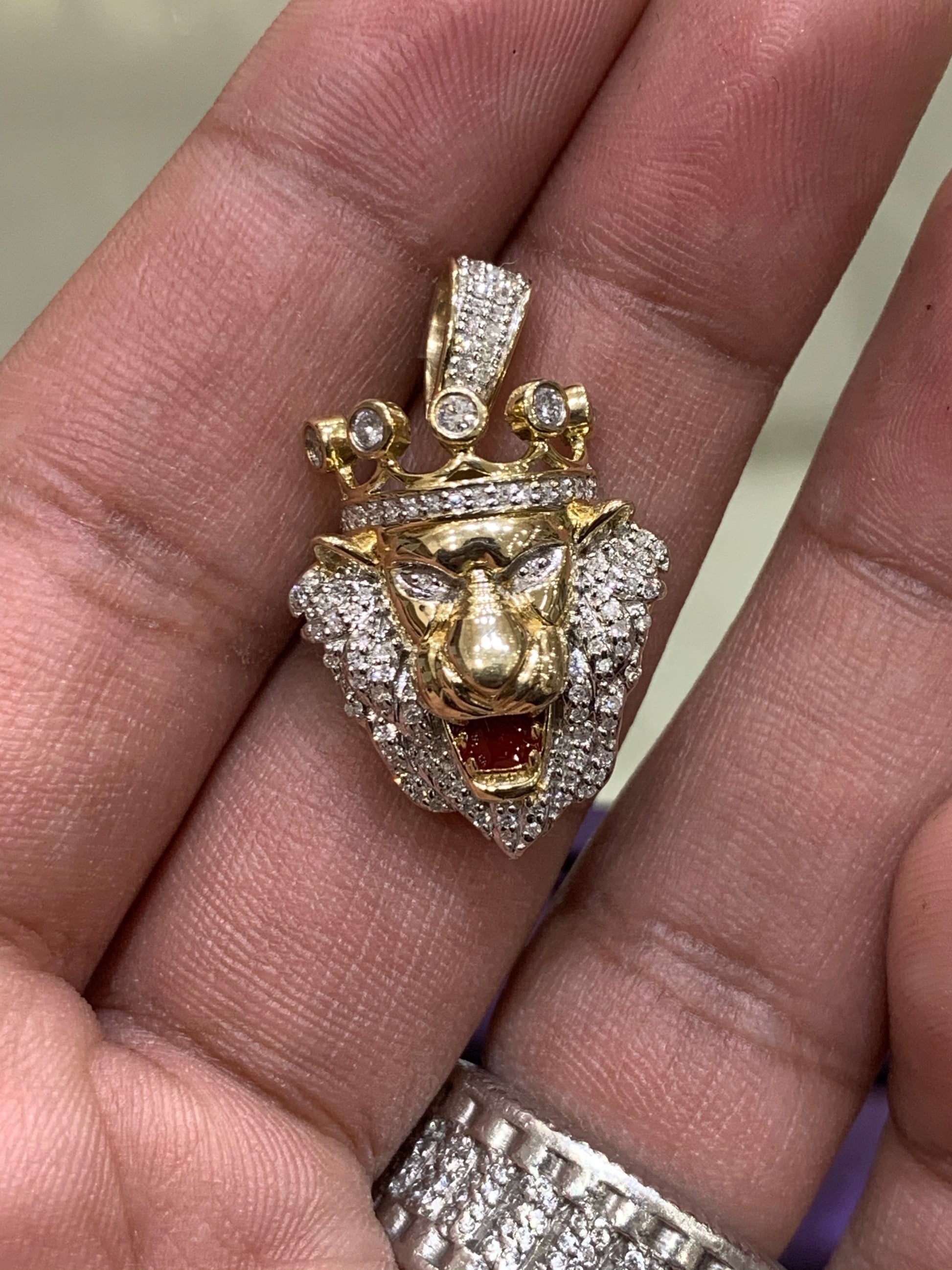 10K Yellow GoldDiamond Lion Pendant Mens Pave Charm