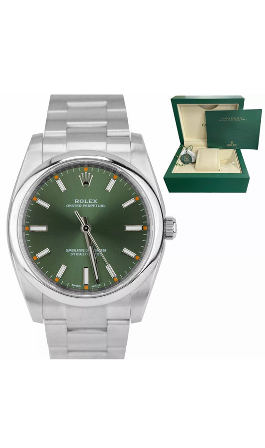 Rolex 114200 Stainless Steel 34mm Silver Olive Green with smooth bezel