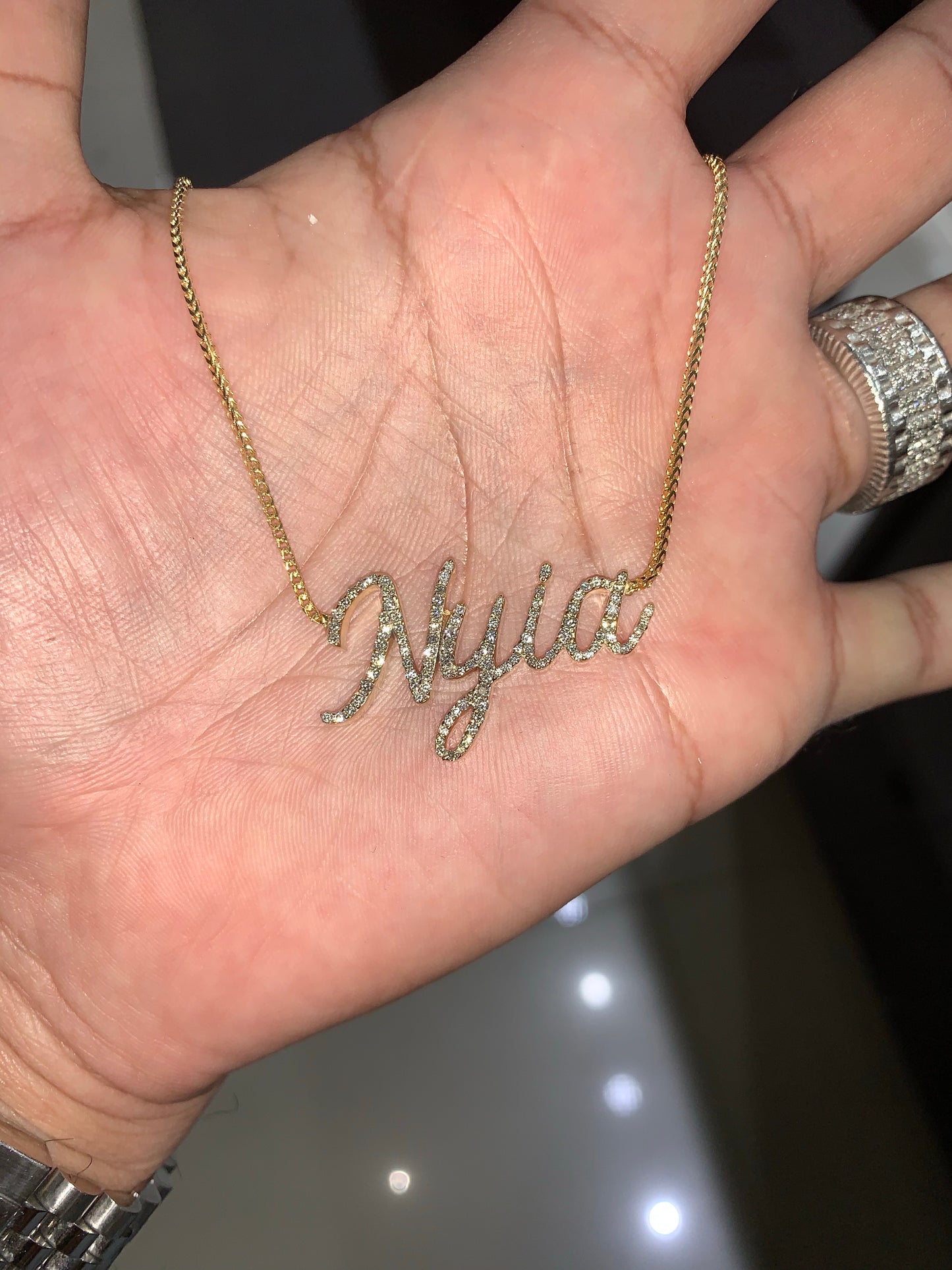 10k Yellow Gold diamond custom Diamond name plate โ Monica Jewelers