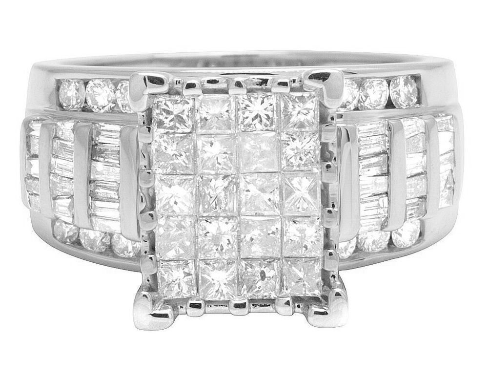10K White Gold 2 Carat Princess and Baguette Diamond Engagement ring 1 ...