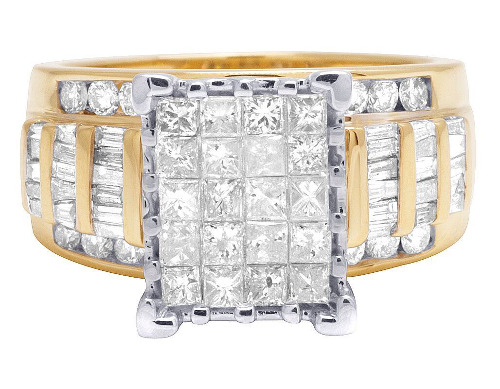 10K Yellow Gold 2 Carat Princess and Baguette Diamond Engagement ring 12mm