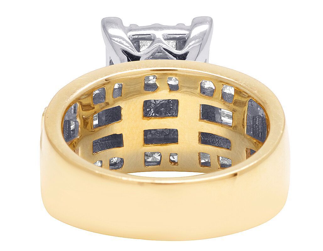 10K Yellow Gold 2 Carat Princess and Baguette Diamond Engagement ring 12mm