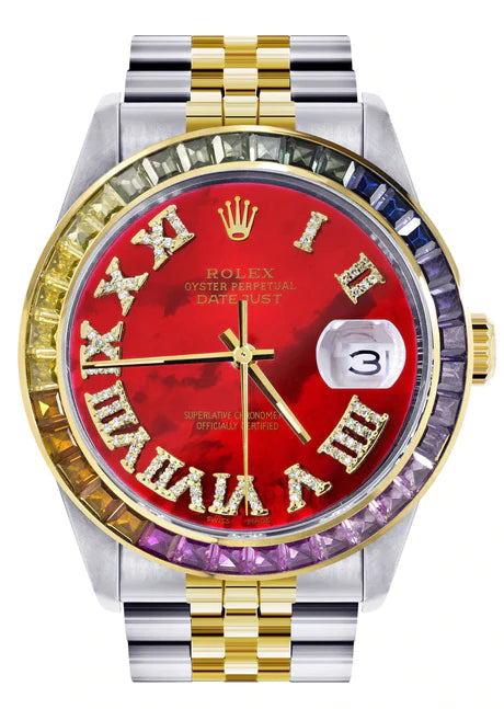 Diamond Gold Rolex Watch For Men 16233 | 36Mm | Rainbow Sapphire Bezel | Diamond Red Mother Of Pearl Roman Numeral Dial | Jubilee Band