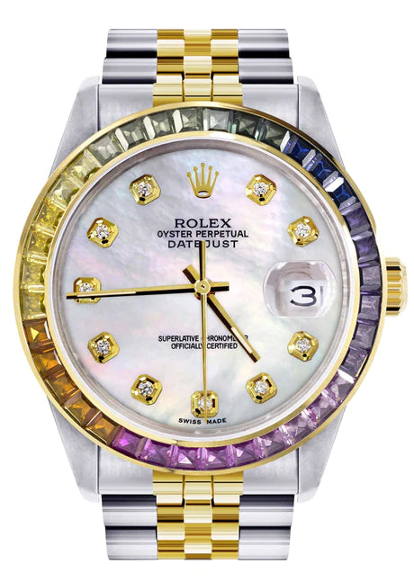 Diamond Gold Rolex Watch For Men 16233 | 36Mm | Rainbow Sapphire Bezel | Light Mother Of Pearl Dial | Jubilee Band